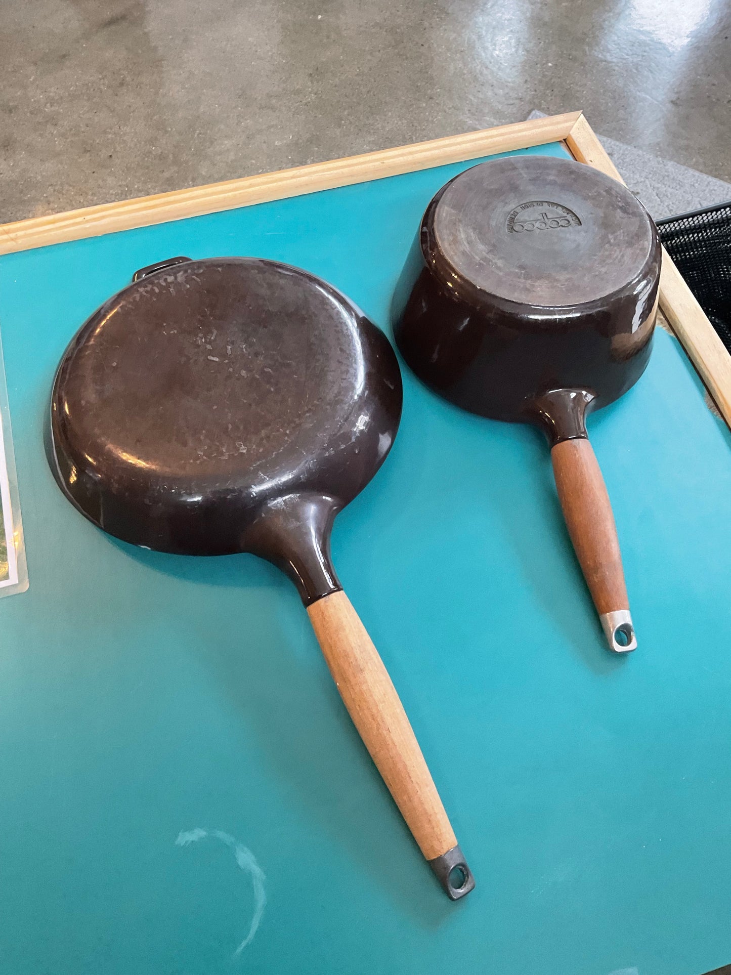 Set of Two Capco Michael Lax Design Pot and Pan Chocolate Brown Wood Handles