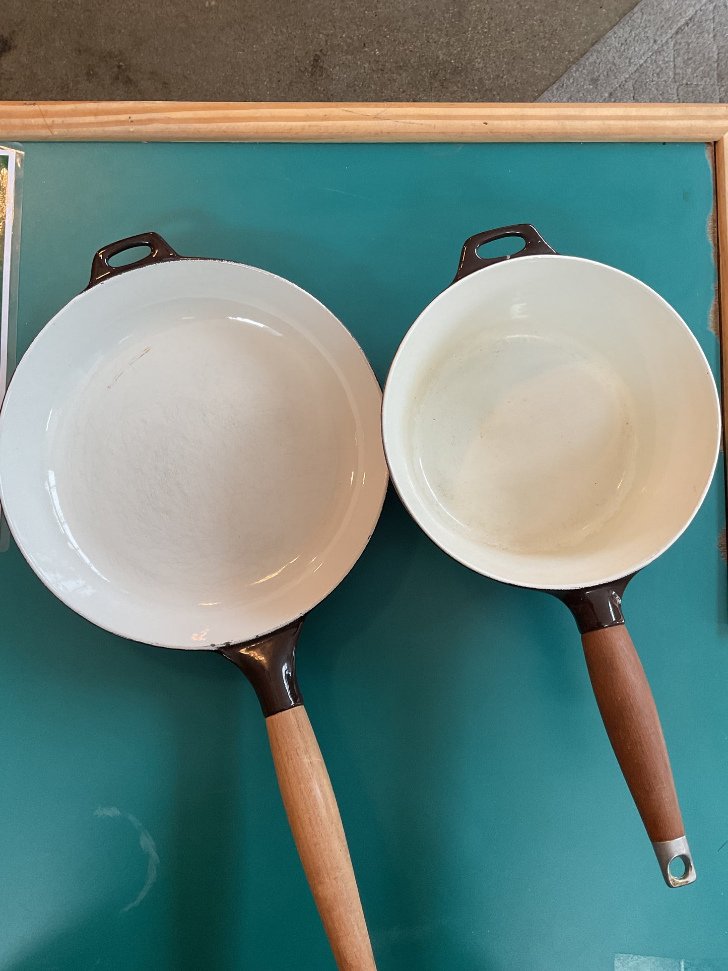 Set of Two Capco Michael Lax Design Pot and Pan Chocolate Brown Wood Handles