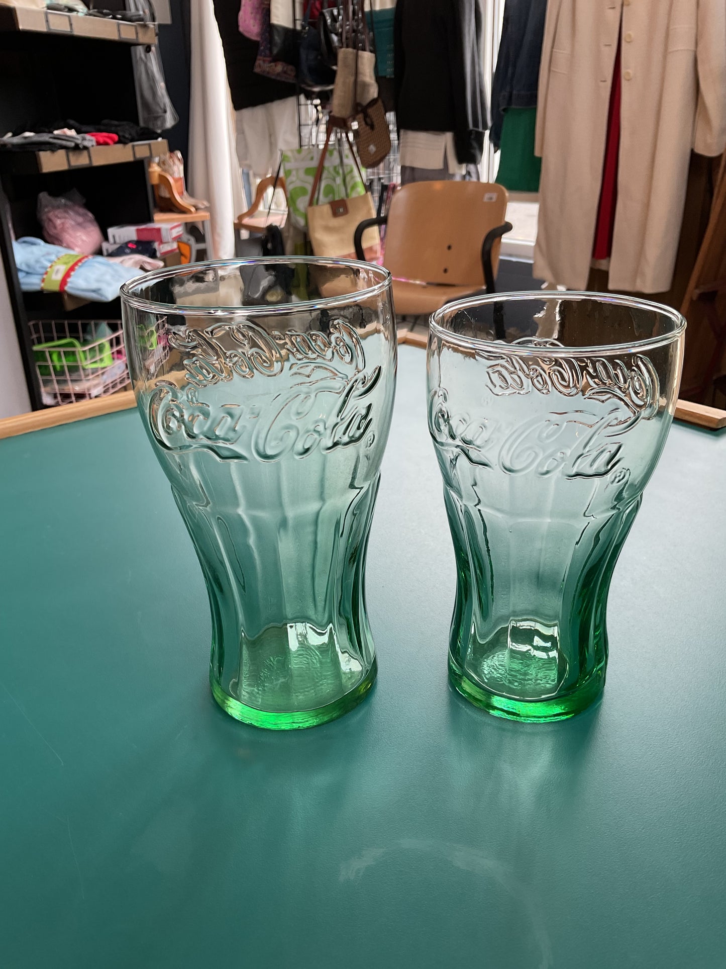 Set of Vintage Green Tint Coca-Cola Glasses