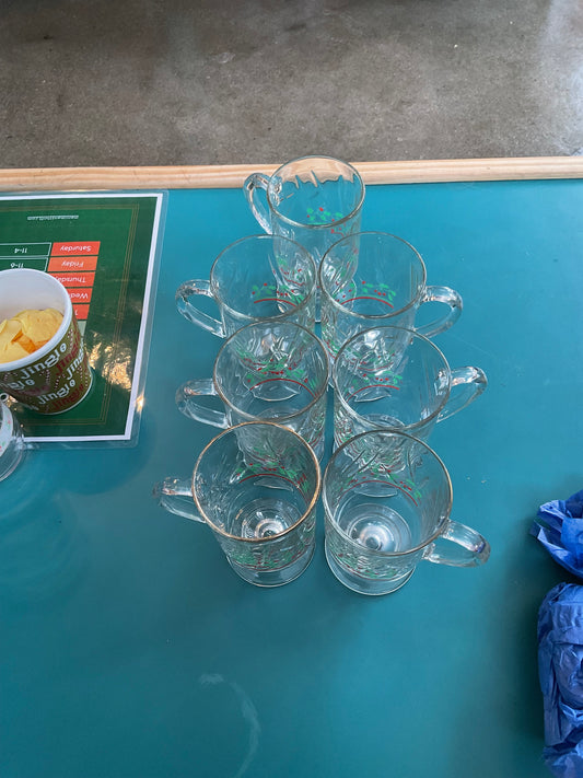 Lot of 7 Christmas Mugs Arby’s 1980’s Footed Glasses