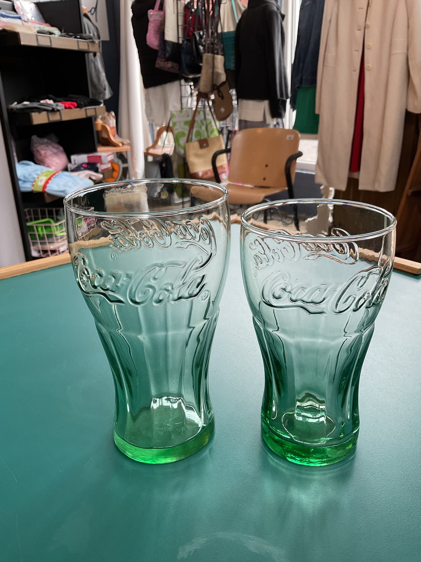 Set of Vintage Green Tint Coca-Cola Glasses