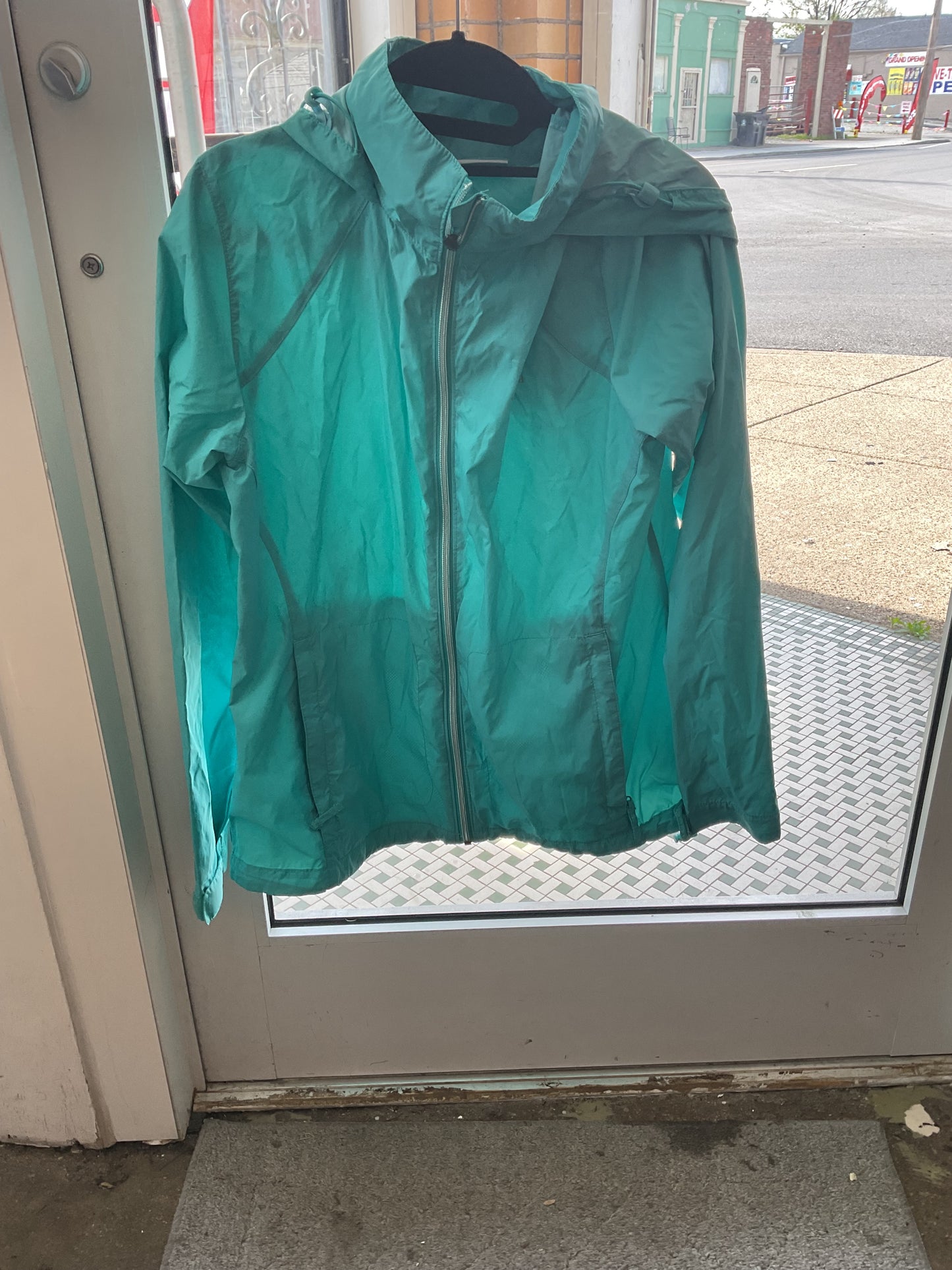 Columbia Light Hooded Teal Rain Jacket Women’s Large