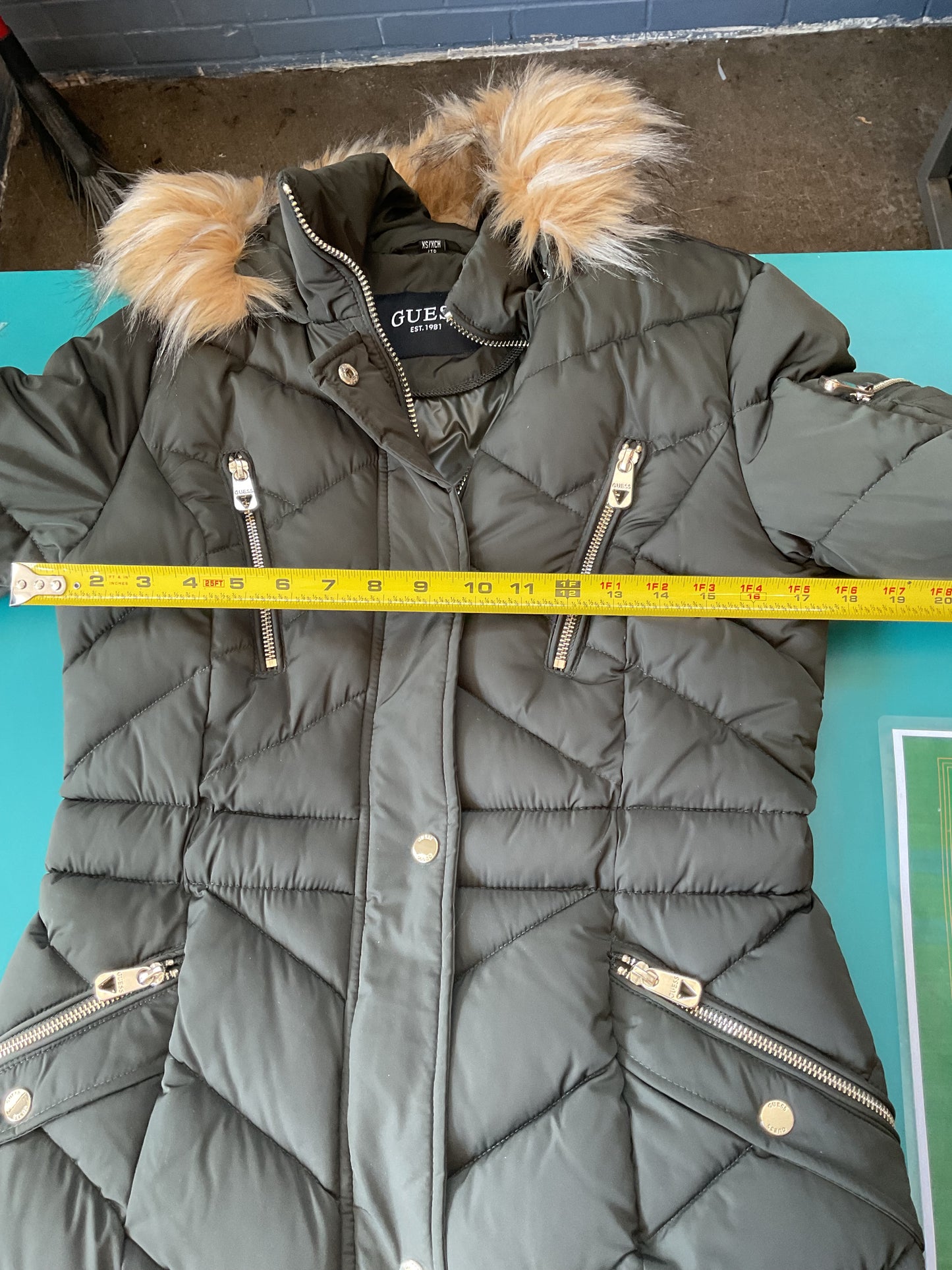 Cute Green Grey Guess Coat XS with Hood